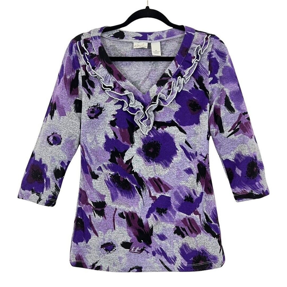 Kim Rogers Womens Size Medium Purple Floral Ruffle V-Neck Knit Top